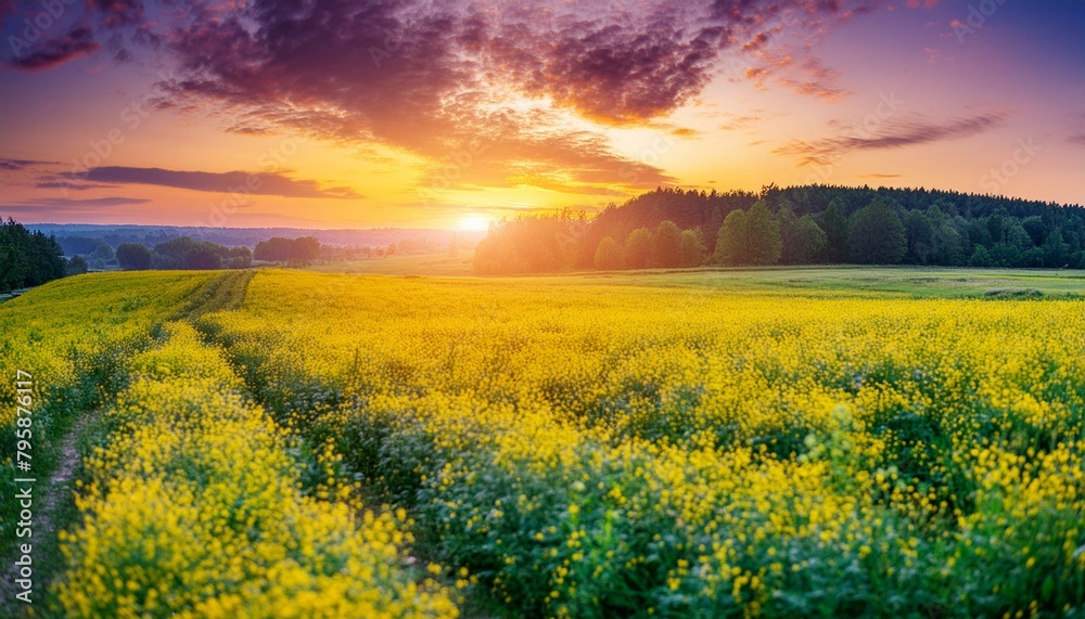 Abstract soft focus sunset field landscape of yellow flowers and grass meadow warm golden