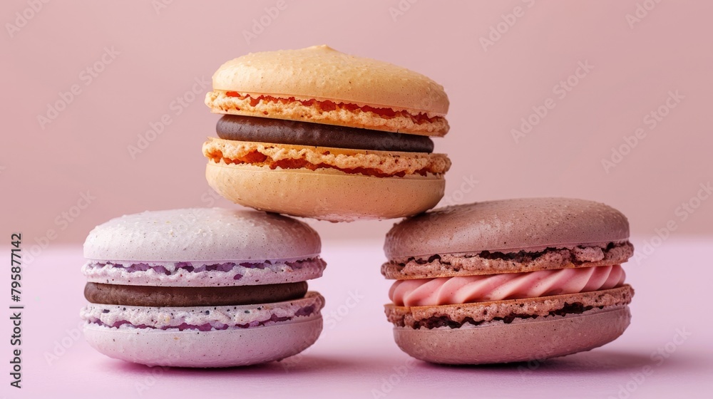 Three macarons stacked on table