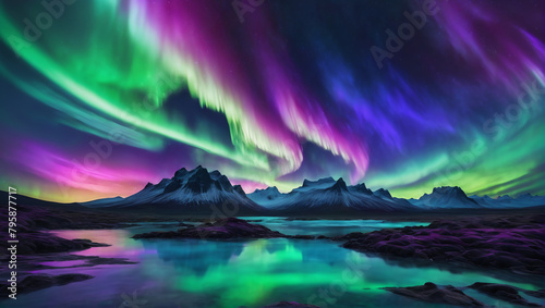 Images reminiscent of the Northern Lights, with translucent pools of fluid reflecting brilliant aurora-inspired colors like emerald green, sapphire blue, violet purple, and neon pink ULTRA HD 8K