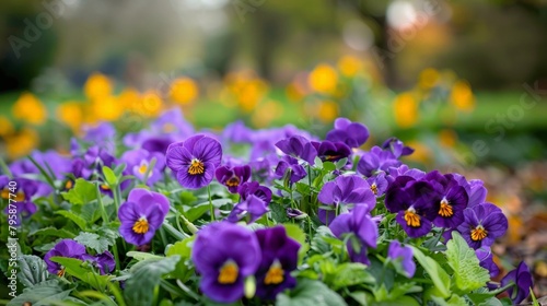 Purple flowers among green leaves and yellow blooms