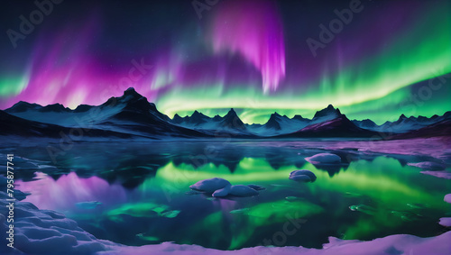 Images reminiscent of the Northern Lights  with translucent pools of fluid reflecting brilliant aurora-inspired colors like emerald green  sapphire blue  violet purple  and neon pink ULTRA HD 8K