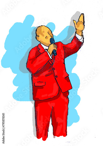 political man pastor with microphone in red suit 