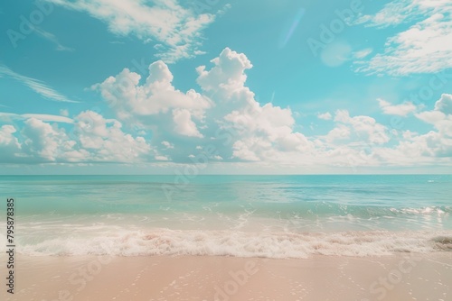 Beautiful tropical beach with blue sky and white clouds abstract texture background. Copy space of summer vacation and holiday business travel concept. Vintage tone filter - generative ai