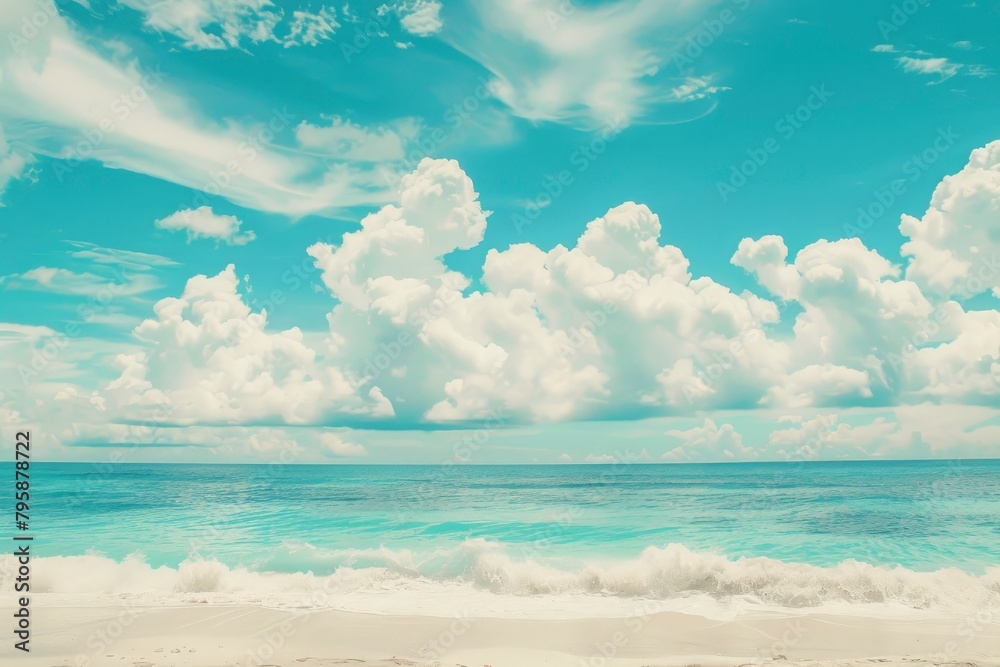 Beautiful tropical beach with blue sky and white clouds abstract texture background. Copy space of summer vacation and holiday business travel concept. Vintage tone filter - generative ai