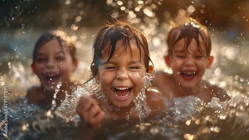 World Children's Day concept. Photo of group of boys having fun in water. Childhood in summer photo