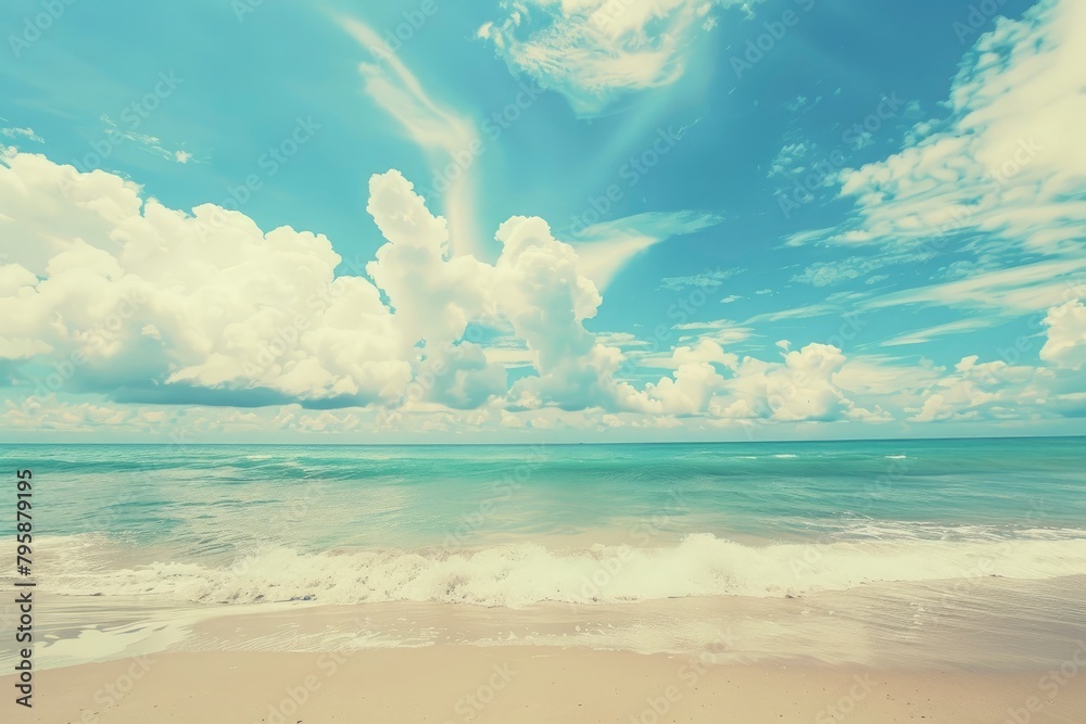 Beautiful tropical beach with blue sky and white clouds abstract texture background. Copy space of summer vacation and holiday business travel concept. Vintage tone filter - generative ai Beautiful tropical beach with blue sky and white clouds abstract texture background. Copy space of summer vacation and holiday business travel concept. Vintage tone filter - generative ai