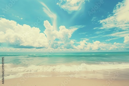 Beautiful tropical beach with blue sky and white clouds abstract texture background. Copy space of summer vacation and holiday business travel concept. Vintage tone filter - generative ai