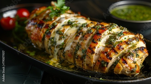 Hasselback chicken with layers of pesto and mozzarella, beautifully roasted, studio-lit against a stark background for a vivid display