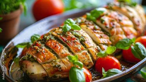 Hasselback chicken with layers of pesto and mozzarella, beautifully roasted, studio-lit against a stark background for a vivid display