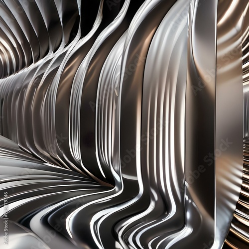 Sleek, metallic structures bending and flexing in a rhythmic dance of motion and light, reflecting their surroundings5