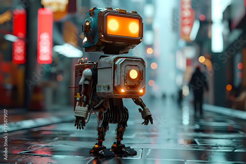 small robot standing on the street., blurred background. Artificial intelect in future life. AI Generated 