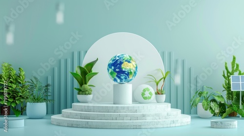 Presentation stage background for "WORLD ENVIRONMENT DAY" greeting card with a white podium concept accompanied by icons of planet Earth, recycling, solar panels, and fresh green plants