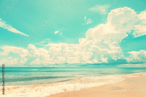 Beautiful tropical beach with blue sky and white clouds abstract texture background. Copy space of summer vacation and holiday business travel concept. Vintage tone filter - generative ai