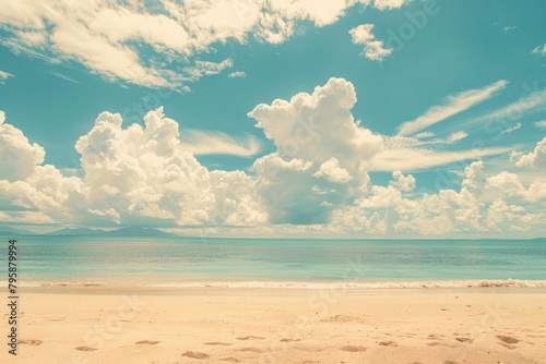 Beautiful tropical beach with blue sky and white clouds abstract texture background. Copy space of summer vacation and holiday business travel concept. Vintage tone filter - generative ai