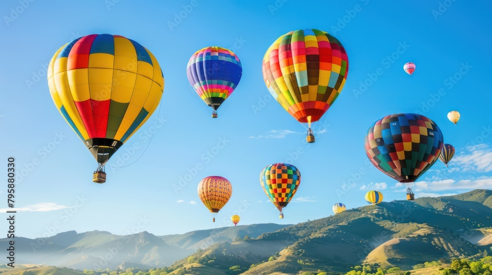Obraz premium Colorful hot air balloons on a beautiful mountain background