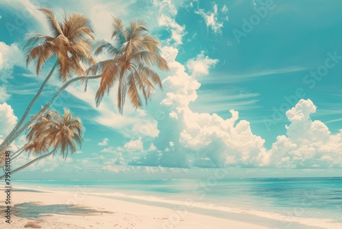 Beautiful tropical beach with blue sky and white clouds abstract texture background. Copy space of summer vacation and holiday business travel concept. Vintage tone filter - generative ai