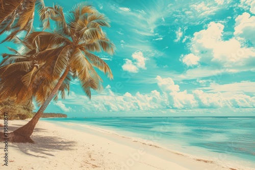 Beautiful tropical beach with blue sky and white clouds abstract texture background. Copy space of summer vacation and holiday business travel concept. Vintage tone filter - generative ai © Nia™