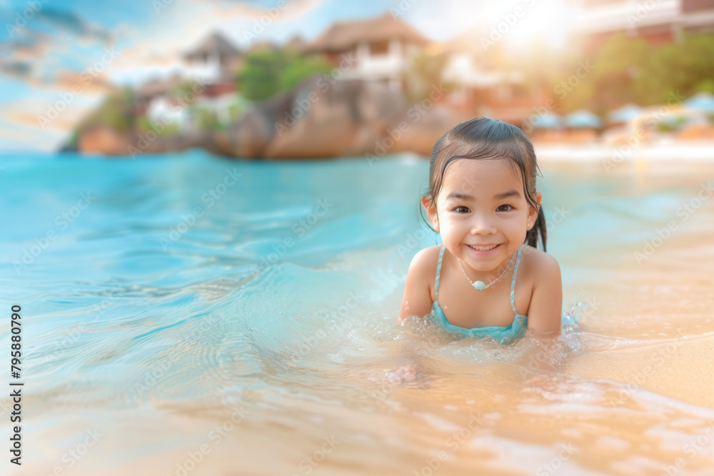 Little smiling happy girl on the bright azure seashore. Little child Girl on the beach