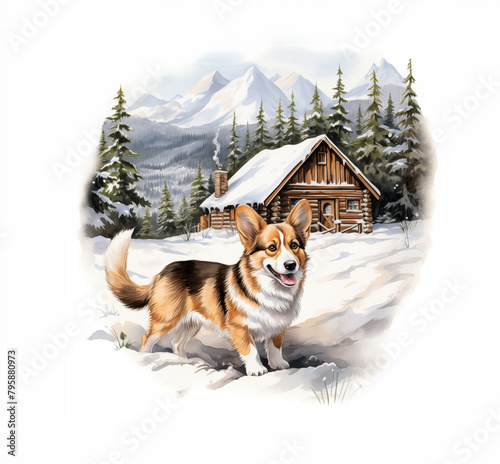 Drawing of a tri color corgi outdoors in winter standing in snow in front of a log cabin in a non-urban mountain scene.