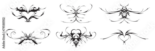 Neo tribal y2k tattoo, heart and butterfly shape, gothic pentagram goat. Stock vector illustration cyber sigilism style hand drawn ornaments.