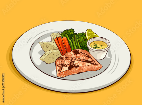 salmon with vegetables, illustration of delicious and healthy food, on yellow background