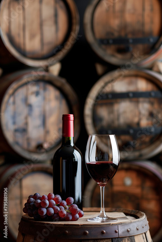 Red Wine Bottle and Glass with Vineyard Grapes - Cellar Aged, Winemaking Tradition