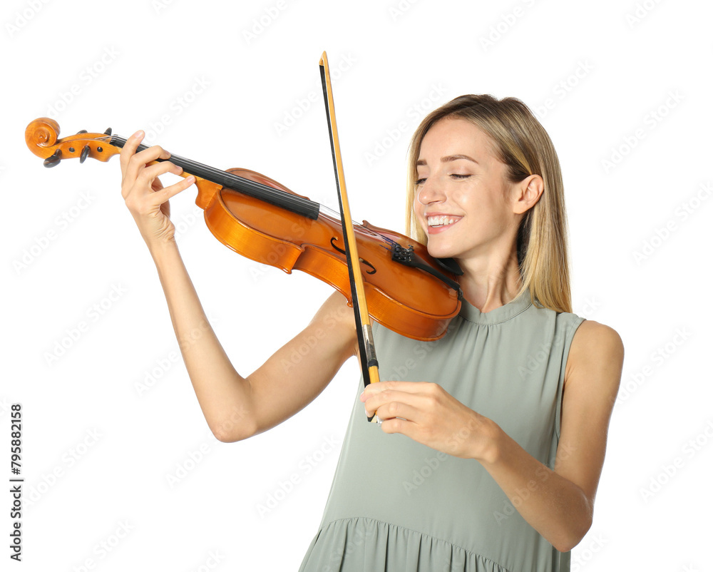 Beautiful woman playing violin on white background Beautiful woman playing violin on white background