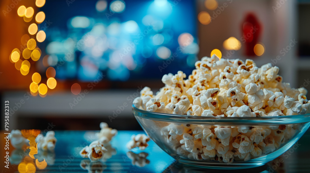 Popcorn in a glass bowl, ready to watch tv,blurred background