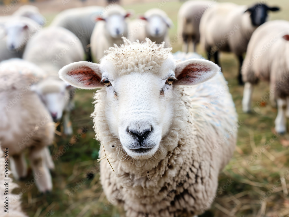 A single sheep looking directly at the camera, with a soft focus on the rest of the flock A single sheep looking directly at the camera, with a soft focus on the rest of the flock