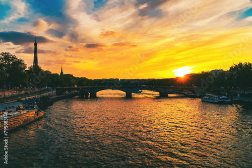 Beautiful landscape with colorful sunset overlooking the Seine river. Paris, France.  photo