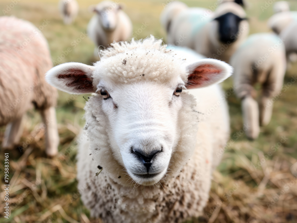 Fototapeta premium A single sheep looking directly at the camera, with a soft focus on the rest of the flock