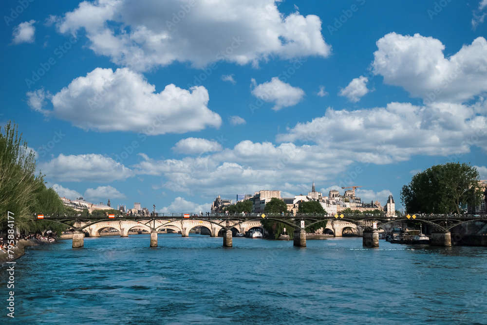 Paris, France. April 22, 2022: Neuf bridge and Seine river view. Paris, France. April 22, 2022: Neuf bridge and Seine river view.