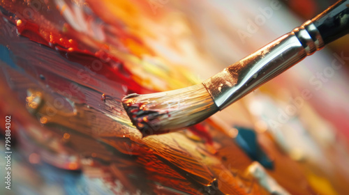 A focused shot of a paintbrush dipped in paint against a blurred art studio