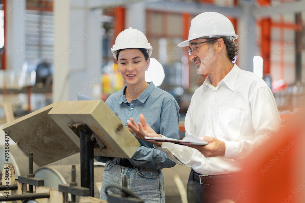 Portrait of Two Professional Engineers Use Industrial Digital Tablet to Work with Augmented Reality. Great Template Shot for Augmented Reality. Factory Workshop. engineer man and woman manager leader Portrait of Two Professional Engineers Use Industrial Digital Tablet to Work with Augmented Reality. Great Template Shot for Augmented Reality. Factory Workshop. engineer man and woman manager leader