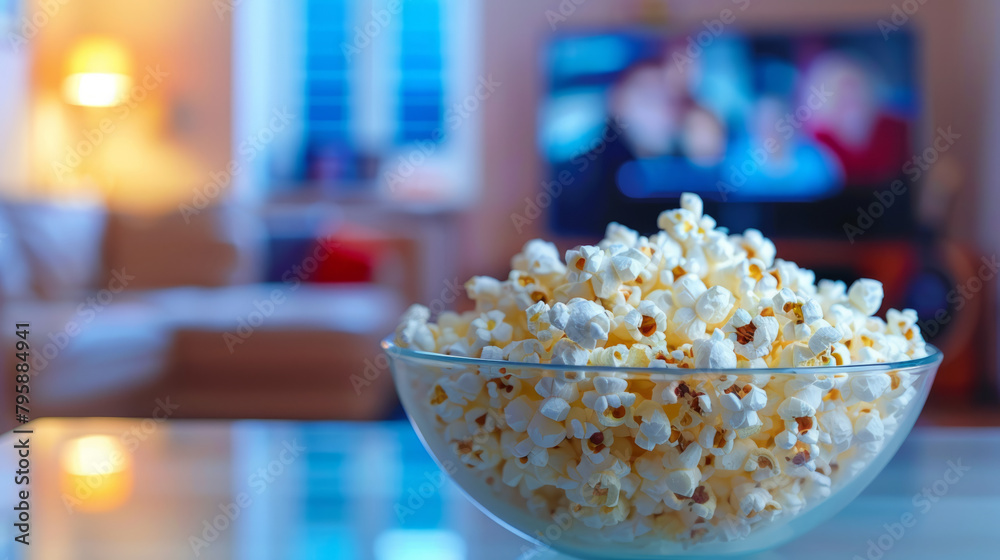 Popcorn in a glass bowl, ready to watch tv,blurred background Popcorn in a glass bowl, ready to watch tv,blurred background