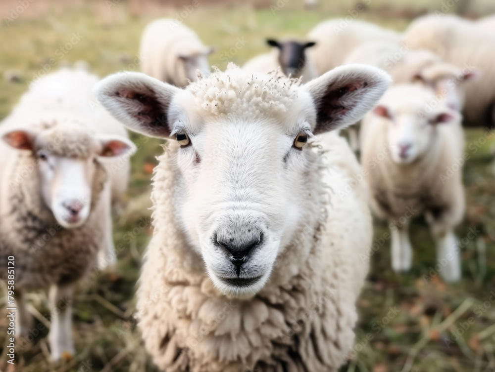 A single sheep looking directly at the camera, with a soft focus on the rest of the flock