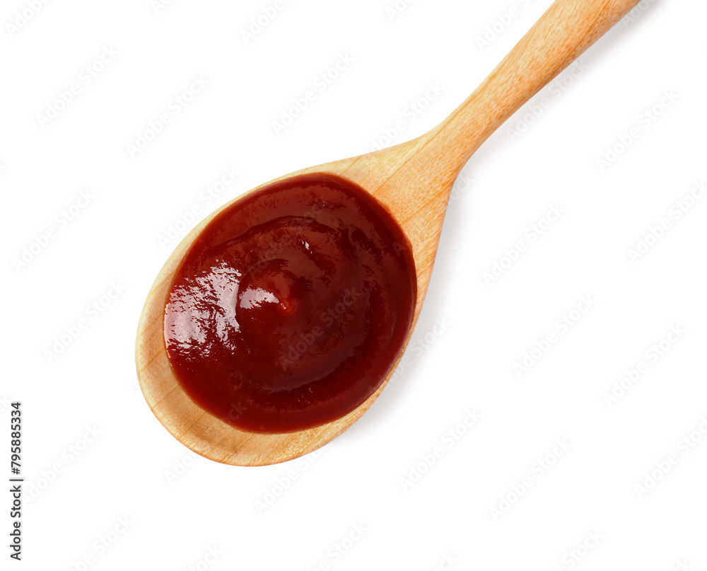 Tasty barbecue sauce and spoon isolated on white, top view Tasty barbecue sauce and spoon isolated on white, top view