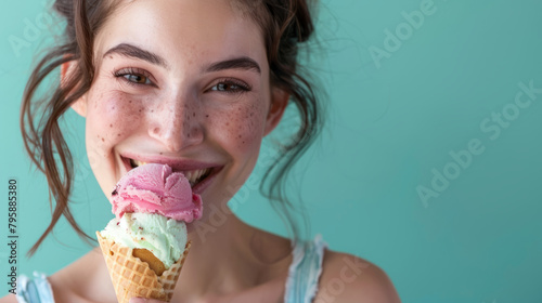 A woman wearing a big smile as she enjoys a waffle cone filled with colorful ice cream on a mint blue background  closeup. Copy space.