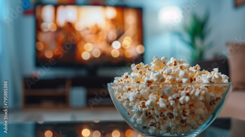 Popcorn in a glass bowl, ready to watch tv,blurred background