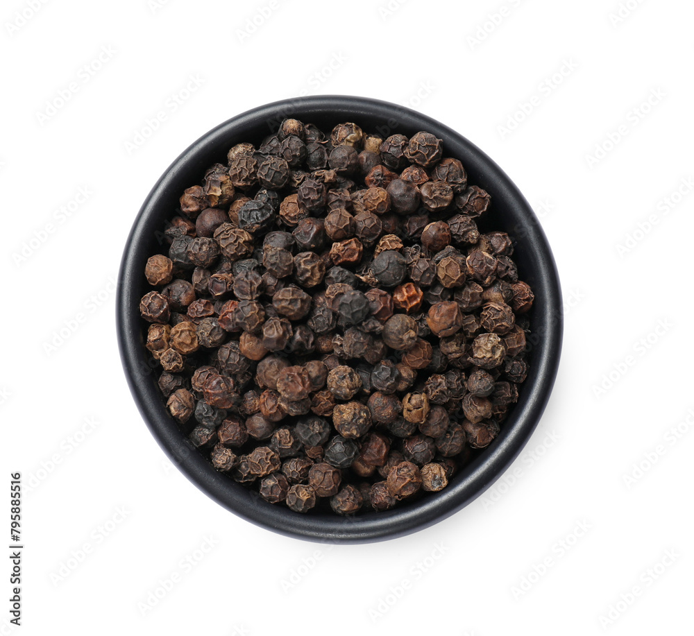 Aromatic spice. Many black peppercorns in bowl isolated on white, top view Aromatic spice. Many black peppercorns in bowl isolated on white, top view