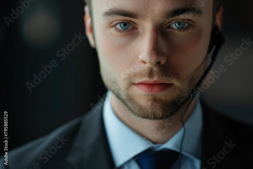 Closeup Portrait of a professional man dressed in an elegant suit working as a call center manager, looking in the camera