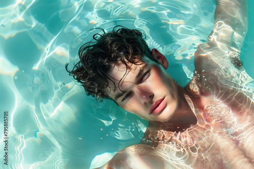 Summer vacation concept. Close up portrait of young handsome brunet man swimming with closed eyes in a pool and enjoying the sun. Text space. Banner style. Outdoor shot