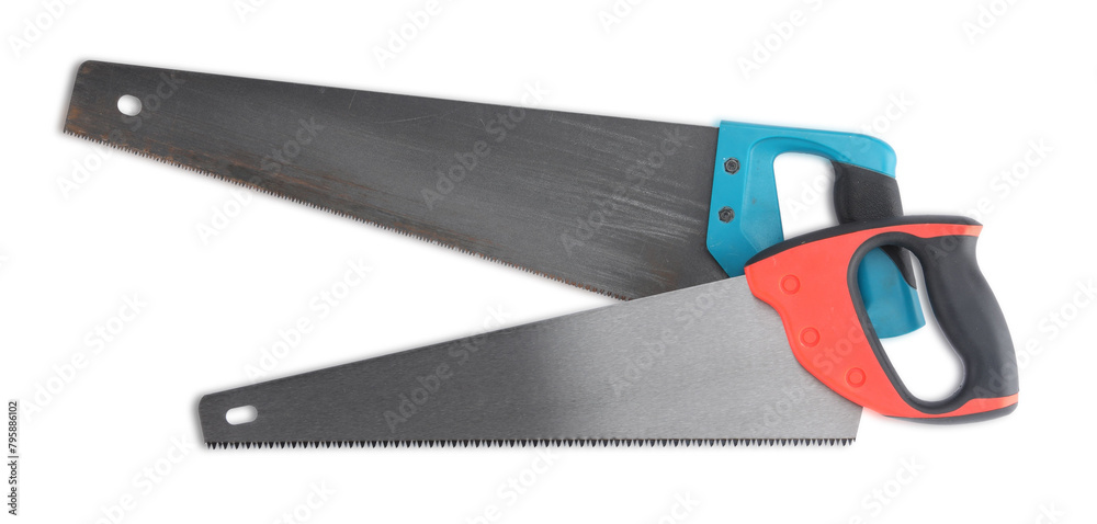 Saws with colorful handles isolated on white, top view Saws with colorful handles isolated on white, top view