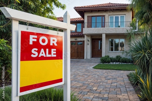 A red and white for sale sign in front of a house. Real estate for sale, big house with a beautiful yard and big driveway. Private house sale concept photo