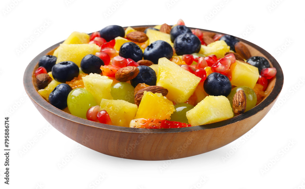 Delicious fruit salad in bowl isolated on white