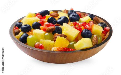 Delicious fruit salad in bowl isolated on white