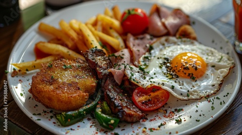 Plate of food with fried egg, potatoes, and tomatoes
