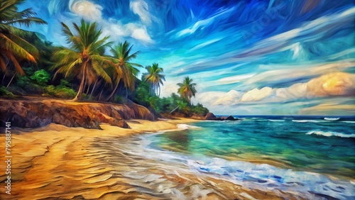 Oil painting of tropical beach with palm trees illustration photo