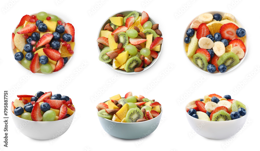 Delicious fruit salads in bowls isolated on white, top and side views