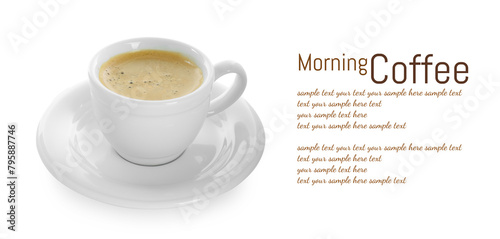 Aromatic coffee in cup and text sample on white background, banner design